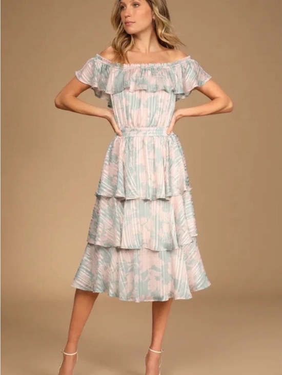 Lulus Dresses & Skirts - Lulu's Garden Glam Teal Floral print off the shoulder tiered midi dress Size Med